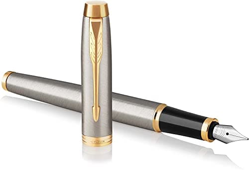 Image of Parker IM Premium Fountain Pen | Brushed Metal with Gold Trims | Fine Nib | Black Ink | Gift Boxed