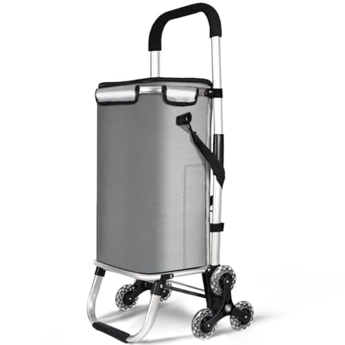 Image of VOUNOT® 6 Wheel Shopping Trolley, Foldable Aluminium Grocery Cart with Insulated Bag, Stair Climbing, 58L, Grey
