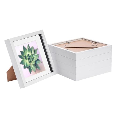 Image of Nicola Spring 5 Piece 8 x 8 3D Shadow Box Photo Frame Set - Craft Display Picture Frame with 6 x 6 Mount - Glass Aperture - White/White