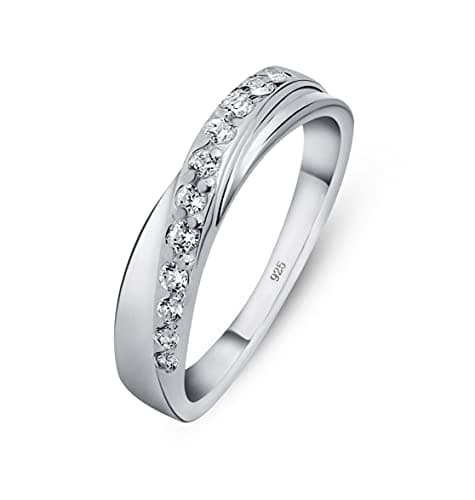 Image of Amberta Women's 925 Sterling Silver Ring Crossover Band with Zirconia Stones: Inside Circumference 48.7 mm - Size J