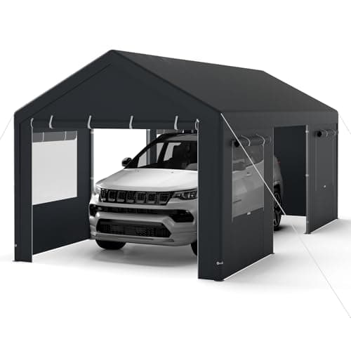 Image of COSTWAY 10 x 20FT Carport, Heavy Duty Car Canopy with Water-Resistant PE Tarp, Roll-Up Ventilated Windows, Removable Sidewalls & Doors, Outdoor Garage Car Shelter Tent for Truck Boat (Dark Grey)