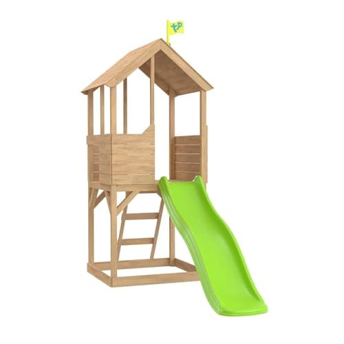 Image of TP Toys Treehouse Wooden Play Tower With Wavy Slide & Slide Lock With Ladder, Shaded Sand Or Ball Pit And Slide. Made From FSC Certified European Wood. Garden Playhouse For Kids - 3 Years+, Brown