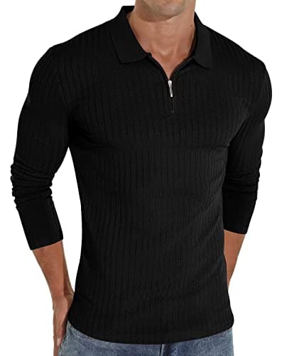 Image of Sailwind Zipper Polo Shirts for Men Long Sleeve Slim Fit Shirts Casual Stretch Ribbed Knit Zip Shirt (Black, L)