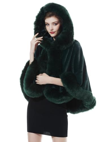Image of BEAUTELICATE Women’s Hooded Cape Coat Faux Fur Cloak Warm Shawl Wrap Shrug For Winter Wedding Evening Bride Bridesmaids Halloween Christmas Cosplay Costume, Dark Green