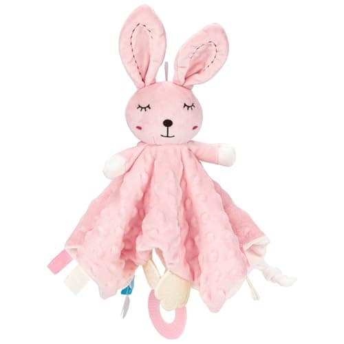 Image of ZIGJOY Baby Comforter with Crinkle Foil and Bell Cuddle Blanket with Tags Taggy Blanket Taggie Gift for Newborn Baby Boys Girls, Pink Bunny