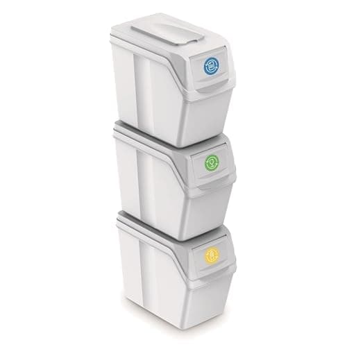Image of Prosperplast Set of 3 Recycling Bins, 60 Litres Total Capacity, Stackable, White Containers, 3 x 20 Litres