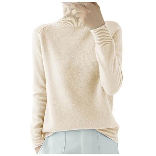 Image of Turtleneck Women Knitwear for Women- Casual Fall Winter Solid Color Long Sleeve Stretch Thick Pullover Plain Oversized Classic-Fit Crew Neck Lightweight Warm Loose Sweatshirt Home Party