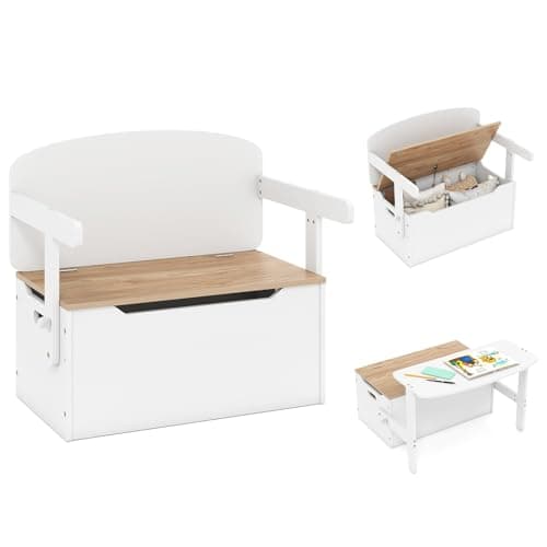 Image of COSTWAY Wooden Toy Box, 3-in-1 Convertible Kids Bench/Desk Chair Set/Storage Chest with Lid, Multifunctional Children's Organizer Cabinet for Playroom Bedroom (White+Natural)
