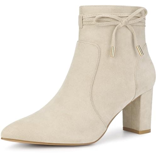 Image of Perphy Pointed Toe Bow Block Heel Ankle Boots for Women Beige 5 UK/Label Size 7 US