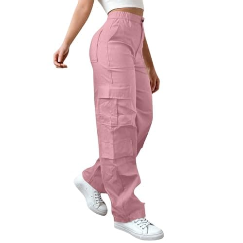 Image of Hiking Cargo Trousers Women Lightweight Comfortable Trousers for Gym and Jogging Plain Tracksuit Bottoms Drawstrnig Baggy High Waisted Bottoms Streetwear with Pockets Casual Sweatpants Pink
