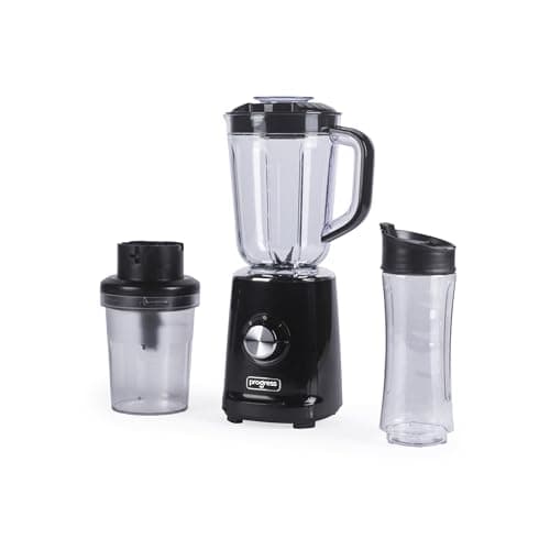 Image of Progress 3 in 1 Jug Blender Set – Blending Jug 1.25L, Chopping Bowl 450ml, Sports Bottle 600ml BPA-Free, 500W, 2 Speeds, Pulse Function, Stainless Steel Blade, Easy-Drink Lid, Food Processor