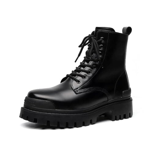 Image of MANLADUO Men's Thick-Soled High-Top Mid-Calf Motorcycle Boots - Casual Work & Fashionable Footwear, Black, 7 UK