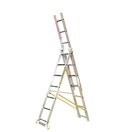 Image of Trade Master Pro® 3 Section Combination Ladder | All in One Extension Ladder, Double Step Ladder | Aluminium | Anti Slip Stabiliser Bar | 150kg Weight Rating | EN131 Pro Certified | Size: 3x7