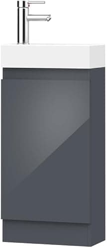 Image of BELOFAY Vanity Unit With Basin, 400mm Floor Standing Bathroom Vanity - Laquered Cloakroom With 1 Tap Hole and Soft Close Hinges With Waste (Denvor Grey)