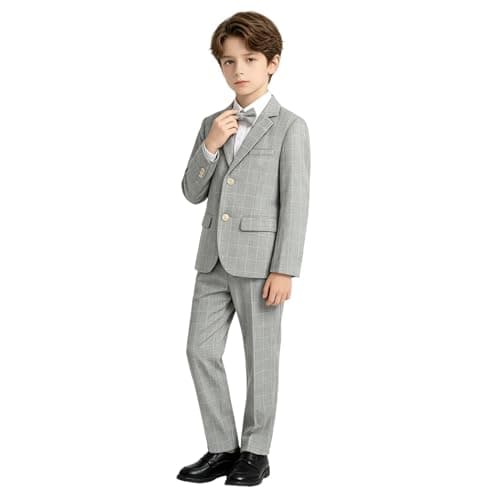 Image of LOLANTA 3PCS Page Boys Plaid Suit, Wedding Prom Smart Blazer, Formal Wear Jacket Trousers Bow Tie Set(Grey,5-6 Years,Tag 120)