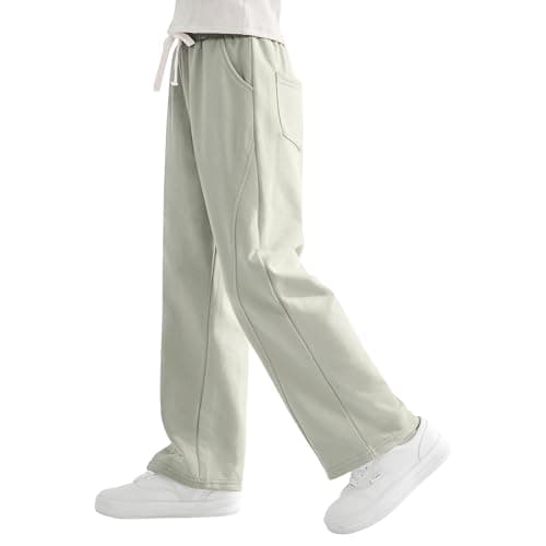 Image of Rolanko Girls Sweatpants with Elastic Waist, Loose Fit Sports Jogging Trousers for Kids Casual Comfort, GrayGreen, Size: 160, 11-12 Years