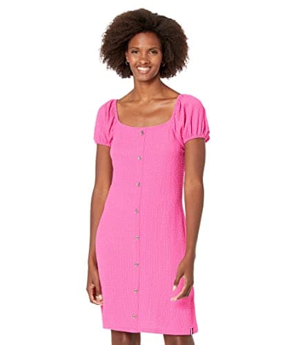 Image of Tommy Hilfiger Women's Puff Sleeve Square Neck Puff Sleeve Dress, Dahlia, XS