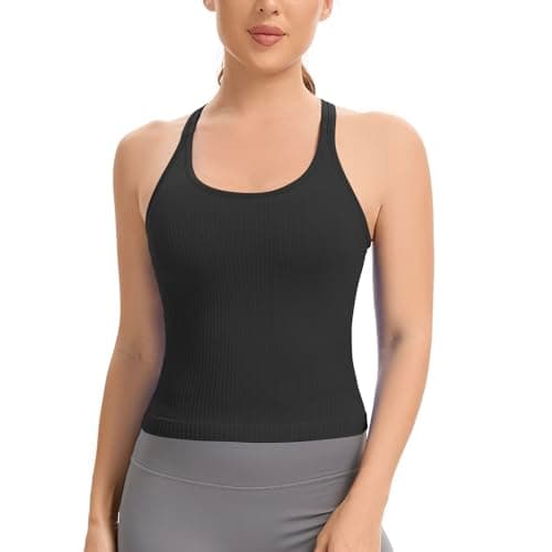 Image of Lemef Vest Top with Built in Bra Sports Top for Women Ribbed Gym Tank Top Racerback Workout Yoga Shirt Black L