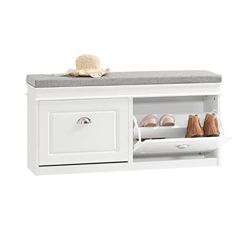 Image of SoBuy Shoe Storage Bench with Seat Cushion - 2 Flip-Drawer Shoe Cabinet, Hallway Shoe Rack Organizer, Shoe Bench Storage with Seat for Entrance, Bedroom and Indoor Use, White, FSR64-W