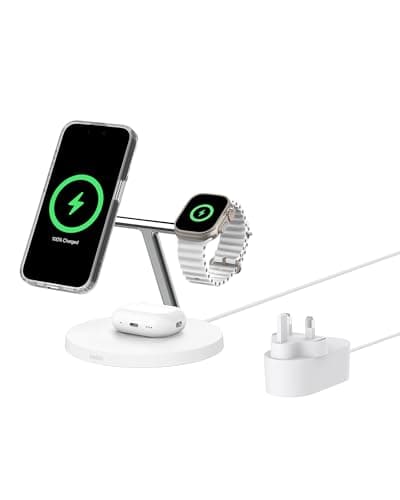 Image of Belkin BoostCharge 3-in-1 Qi2 charger, MagSafe compatible wireless charging station, Qi2 Wireless Charger for Apple iPhone 17 Series, Air, Apple Watch, AirPods with Non-Slip Base, PSU Included - White