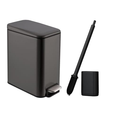Image of ianomla 5L Bathroom Bin with Loo Brush, Black Small Steel Pedal Bin, Slim Kitchen Rubbish Trash Can, Garbage Dustbin with Lid and Inner Can Liner Bucket, for Narrow Space, Office, Make up Room