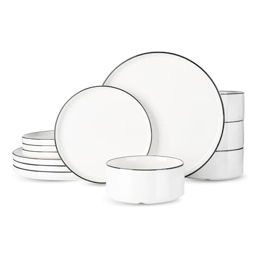 Image of Richmount Dinner Set for 4, 12 Pieces Modern Porcelain Plates and Bowls Set, Dinnerware Sets Chip Resistant, Microwave & Dishwasher Safe, Ceramic Dish Set Service for 4, White with Black Trim