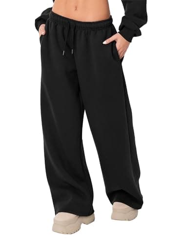 Image of Kouoybt Women's Wide Leg Sweatpants Casual Solid Color Joggers Sweatpants Trendy Drawstring Baggy Long Pants High Waisted Casual Trousers (A-Black, S)