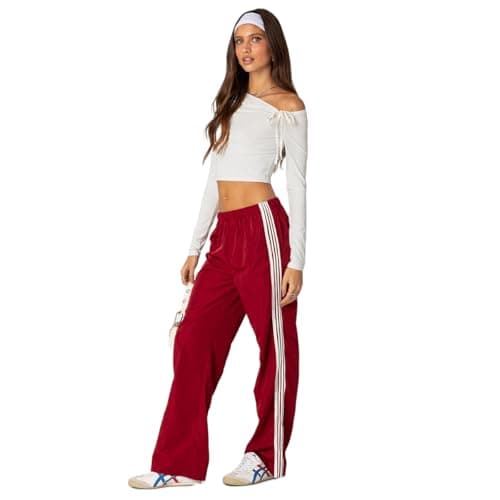 Image of Feclmiyt Women's Striped Side Baggy Sweatpants Y2k Elastic Waist White Trim Jogger Sweatpants Wide Leg Workout Track Pants with Pockets (C-05, S)