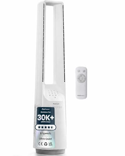 Image of Pro Breeze® Silent Bladeless Portable Tower Fan - Ultra Quiet Standing Air Circulator with Remote Control, Timer, 6 Speeds & LED Display