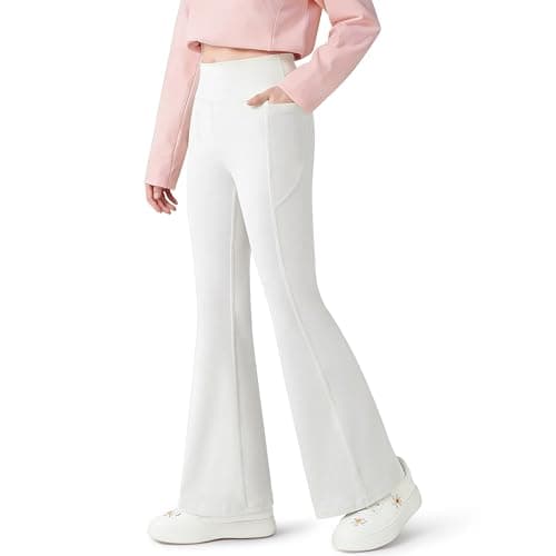 Image of Baogaier Girls Flared Leggings with 2 Pockets High Waisted Stretchy Breathable Athletic Trousers Soft Dance Sports School Bell Bottoms Pants Kids Activewear for 9-10 Years, White