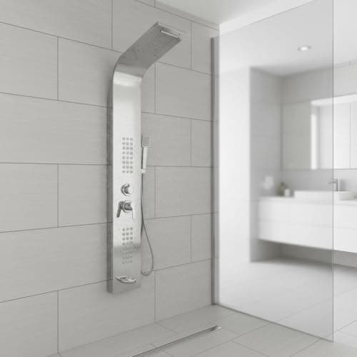 Image of EVOLVE Manually Controlled Thermostatic Shower Panel Tower System – 5-in-1 Smart Shower Column with Waterfall & Rainfall Shower Head, 48 Body Jets, Bath Panel – Modern Chrome Shower