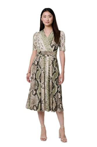 Image of Izabel London Snake Print 1/2 Sleeve Jersey Midi Dress for Women UK with wrap Front, Pockets and midi Skirt. Khaki