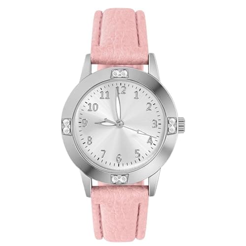 Image of AOOSU Women's Leather Quartz Watch, Easy Read Ladies Watches, 3 Hand Quartz Watch with Diamond Waterproof Fashion Premium Wrist Watch for Women Ladies Girls Silver-Pink