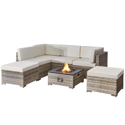 Image of Aweather 6 Seater Outdoor Furniture Set, PE Rattan Garden Dining Set with Fire Pit Table, All-Weather Wicker Patio Table & Chairs Set, Weatherproof Outdoor Seating for Garden Backyard Balcony Terrace