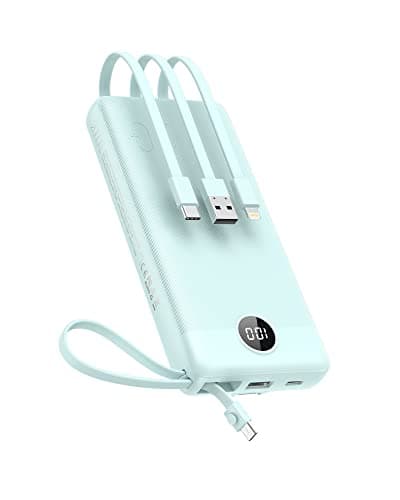 Image of VEEKTOMX Power Bank with Built-in Cables, 20000mAh USB C Portable Charger with 5 Outputs & 2 Inputs and LED Display, External Battery Bank for iPhone 17/16/15/iPad/Samsung S22/21/20 and More, Blue