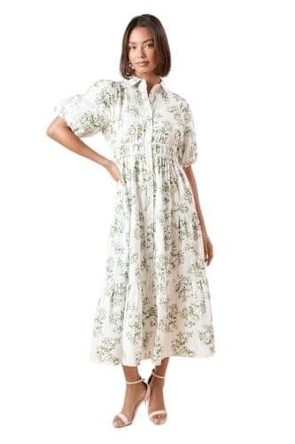 Image of Dorothy Perkins Green Floral Poplin Tiered Button Front Shirt Dress, 18, Floral