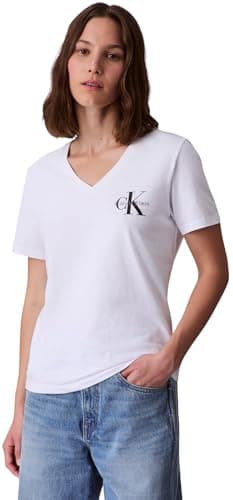 Image of Calvin Klein Women’s 2 Pack Short Sleeve V-Neck Logo T-Shirts, White (Brilliant White), M