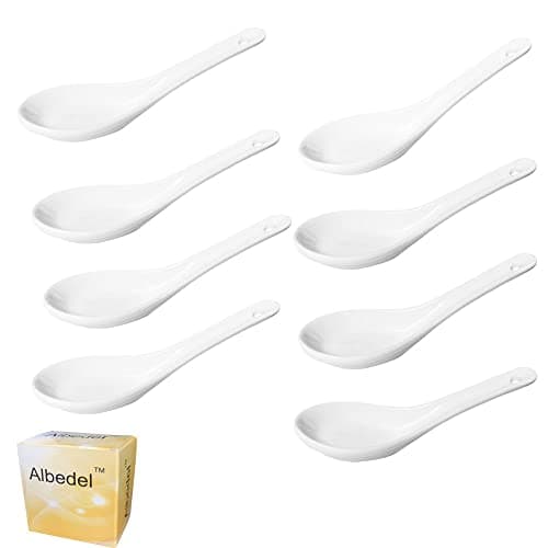 Image of Albedel 8 pcs Asia Porcelain Soup Spoon Ceramic Rice Spoons Chinese Won Ton Spoons for Home Kitchen Restaurant White