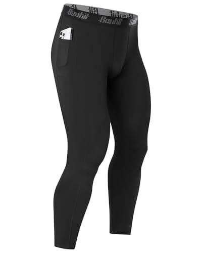 Image of Runhit Men’s Running Leggings with Pockets, Gym Compression Pants Sports Tights, Thermal Base Layer Trousers for Jogging Golf Cycling Black S