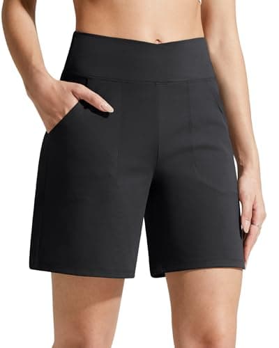 Image of G4Free 6" Shorts for Women UK Yoga Shorts V Cross Waist Summer Athletic Stretch Lounge Shorts with Pockets for Sport Workout (Black,XS)