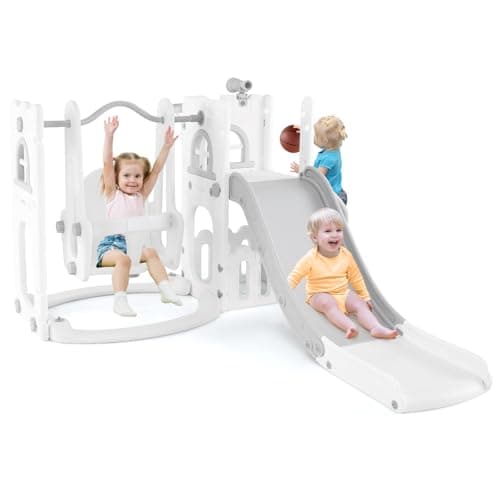 Image of COSTWAY Toddler Swing and Slide Set, 7 in 1 Freestanding Kids Slide Playset with Swing, Basketball Hoop, Ladder, Telescope & Storage Space, Indoor Playground for Ages 1-3 (Grey + White)