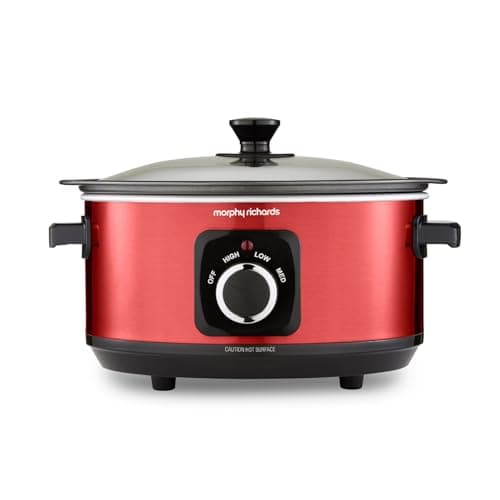 Image of Morphy Richards Accents 3.5L Sear & Stew Slow Cooker, Shatter Resistant Non Stick Aluminium Pot, Single Pot Cooking, Compact, 3 Heat Settings, Hob Proof, Glass Lid, Easy Clean, 163W, Red, 460026