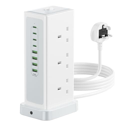 Image of Tower Extension lead with USB Slots,6 Way (13A/3250W) Plug Extension Socket with 4 USB C & 4 USB A, Overload Protection Power Strip with Switch 1.8M Extension Cable for Office, Home, Kitchen