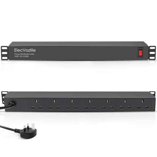 Image of ElecVoztile 7 Way Horizontal Rack Mount PDU Power Strip, 13A Overload Switch &1020J Surge Protection, Rear Plug, 1U Rackmount, Fits 19'' Server Rack/Cabinet, Aluminum Alloy Housing,1.8M Cord