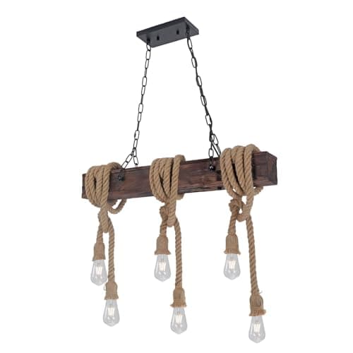 Image of KEESFU Farmhouse Light Fixtures Rustic Chandelier，6-Light Kitchen Island Light Height Adjustable，Hemp Rope Pendant Light for Kitchen Dining Room Bar. [Energy Class A]