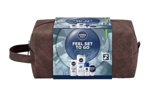 Image of NIVEA MEN Feel Set To Go Sensitive Wash Kit with Brown Travel Bag, Face Wash, Body Wash, Deodorant, Gift Set