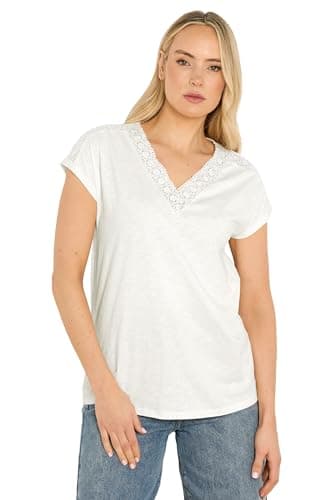 Image of Long Tall Sally - LTS Tall Ivory Crochet Lace V-Neck Cotton T-Shirt - Women's