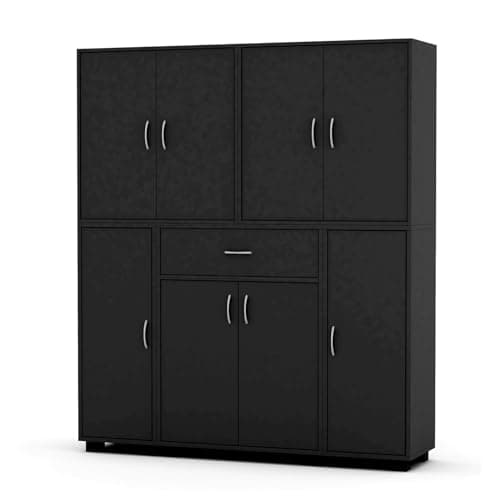 Image of URBNLIVING 8 Door 12 Shelf Bookshelf & 1 Drawer Storage Cabinet Bookcase Cupboard Display (Black)