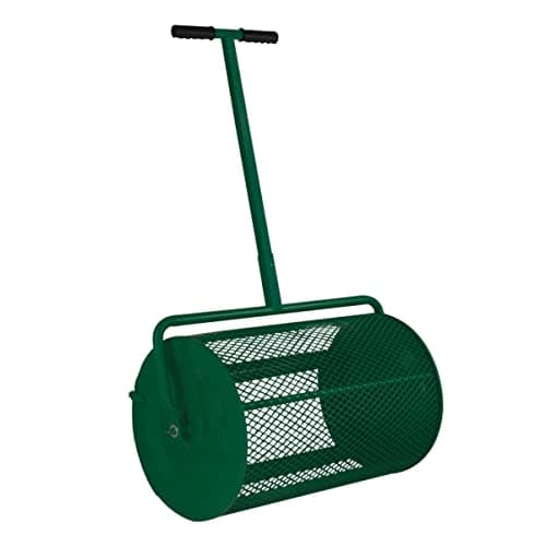 Image of Compost Spreader Roller 26" Peat Moss Topsoil Seeding Fertiliser Manure Garden Lawn Extendable T Shaped Handle 80L 2.8 cu ft Capacity Green Steel Mesh Basket Latched Cage Lightweight FREE Gloves