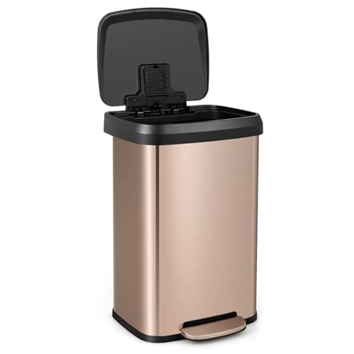 Image of TANGZON 50L/68L Recycling Pedal Bin, Stainless Steel Kitchen Bin with Soft Close Lid, Handle & Non-Slip Base, Fingerprint-Proof Waste Separation Trash Can (50L, with Deodorant Box, Rose Gold)
